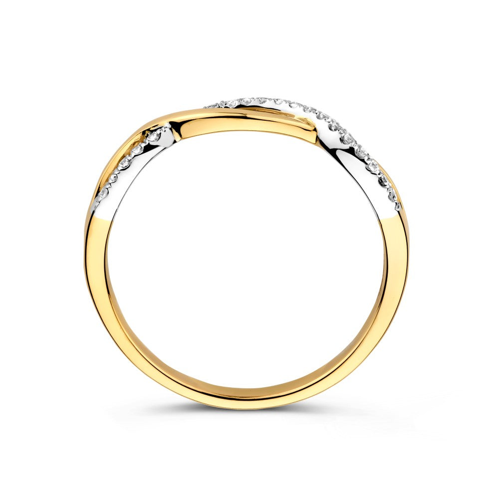 Anillo bicolor de oro blanco y oro amarillo con banda trenzada y circonitas