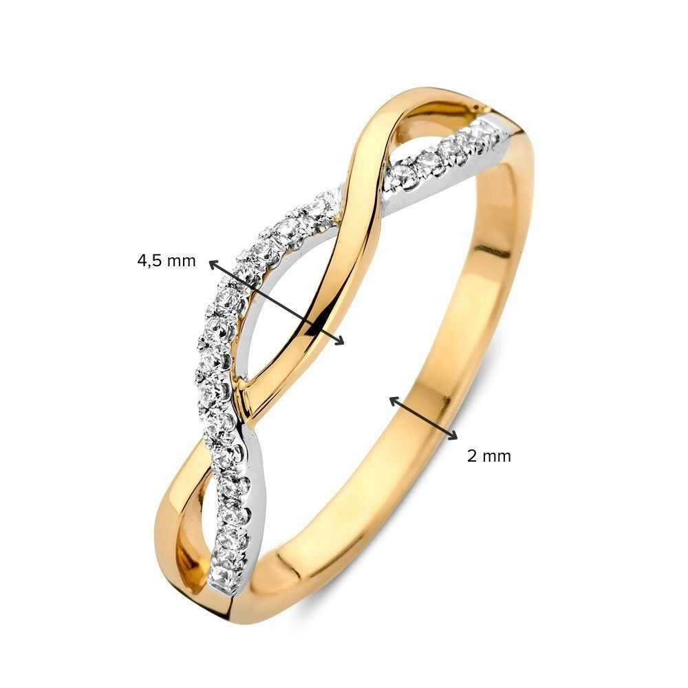 Anillo bicolor de oro blanco y oro amarillo con banda trenzada y circonitas