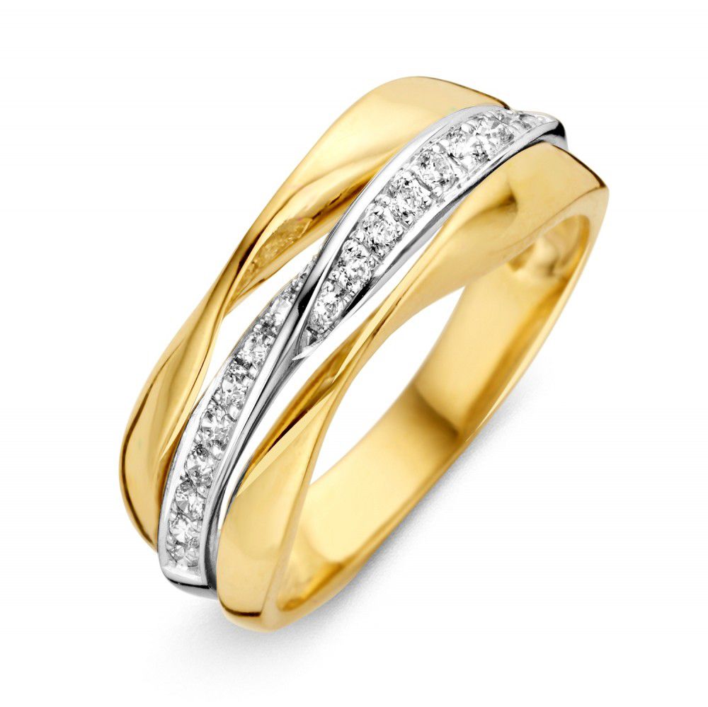 Anillo bicolor ancho de dama con circonitas en oro amarillo y blanco de 14 quilates.