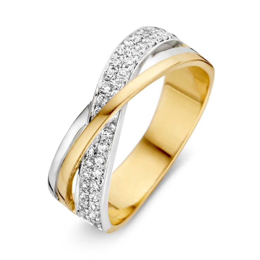 Anillo bicolor de oro de 14 quilates con zircón blanco de 7.3 mm y diseño entrelazado.