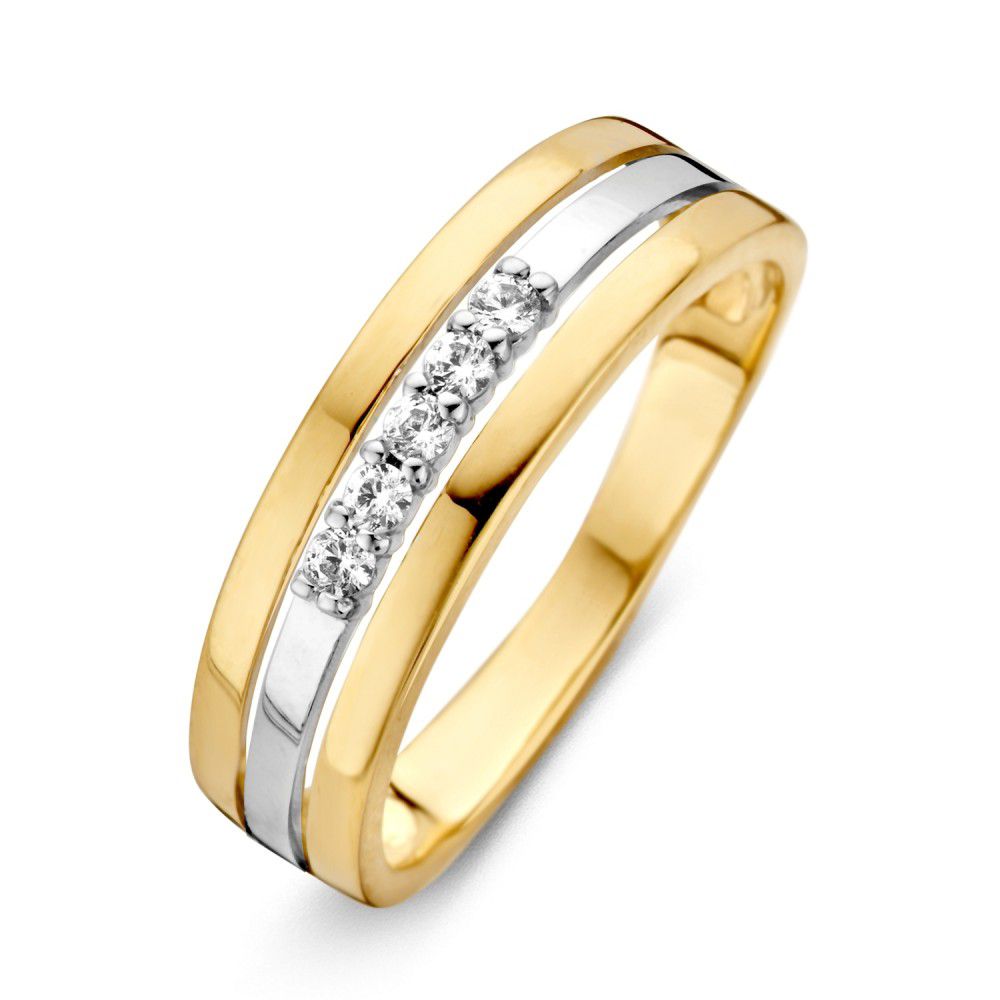 Anillo de oro amarillo y blanco con circonitas, diseño elegante y equilibrado.