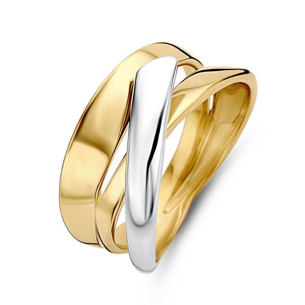 Anillo de dama bicolor de oro amarillo y blanco de 14 quilates con diseño entrelazado.