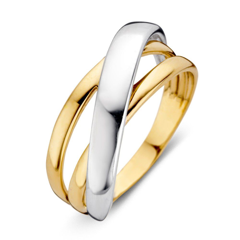 Anillo bicolor de 14 quilates con diseño entrelazado en oro amarillo y blanco.