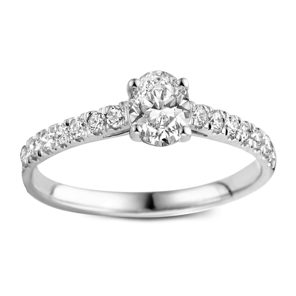 Anillo de oro blanco con diamantes, diseño clásico y brillante, con una piedra central ovalada.