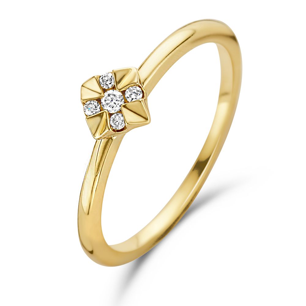 Anillo de oro con brillante de 0.05 crt en forma de cruz.