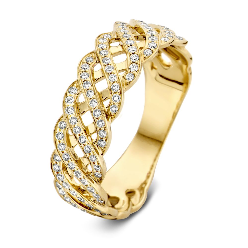 Anillo de oro amarillo con diamantes brillantes de 0,35 ct en un diseño entrelazado.