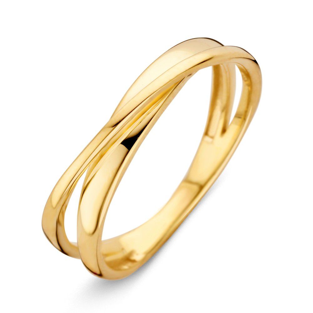 Anillo de oro amarillo elegante de 14 quilates con diseño sutil y líneas entrelazadas.