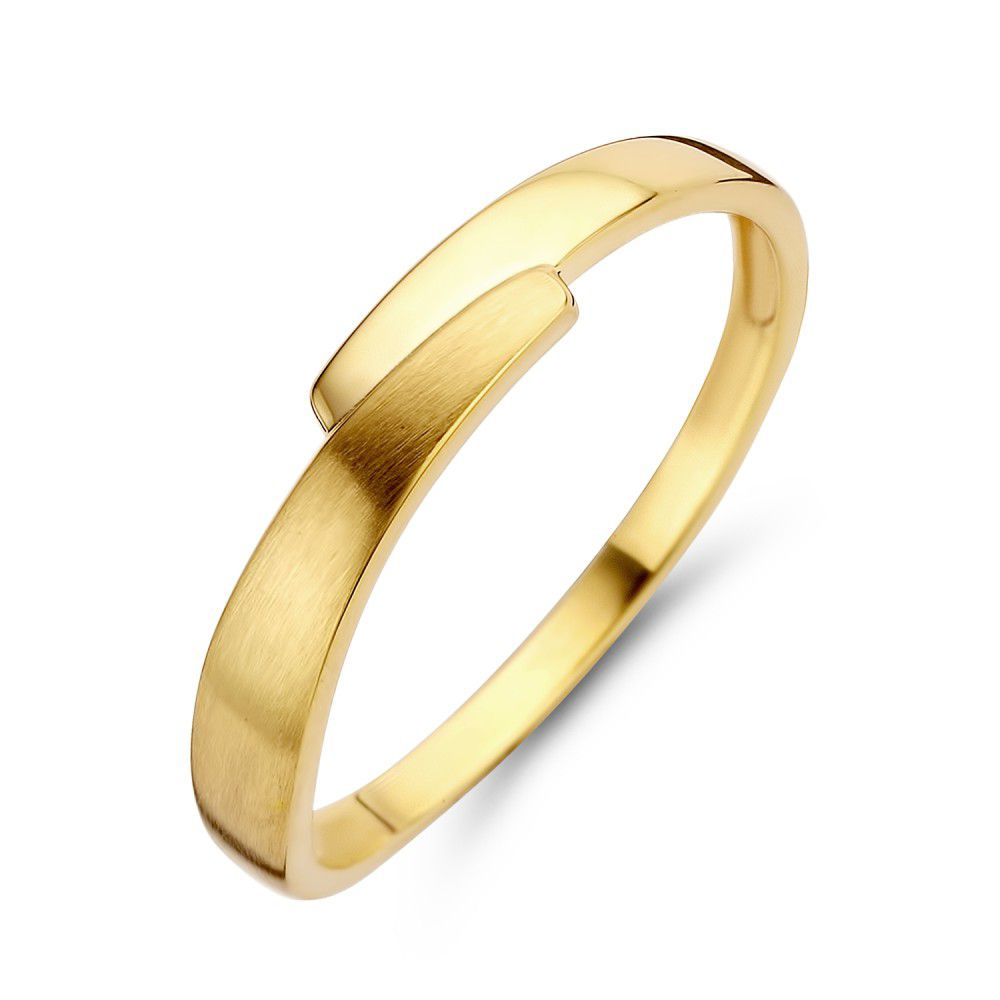 Anillo de oro amarillo con diseño elegante y sutil, acabado mate y forma minimalista.