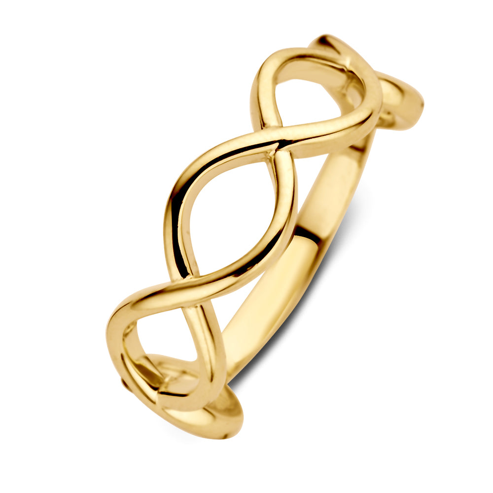 Anillo de dama en oro amarillo de 14 quilates con diseño entrelazado y acabado pulido.