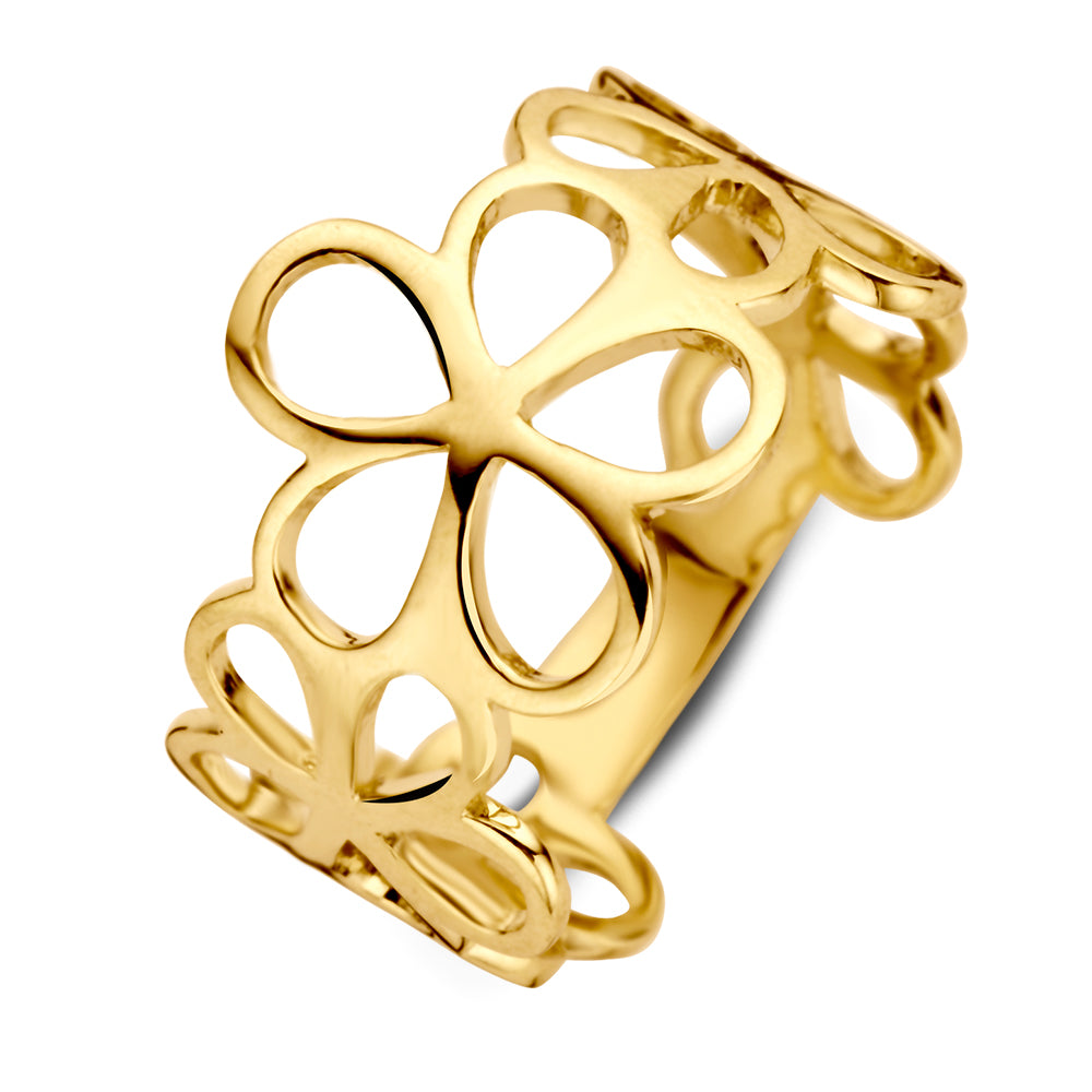 De Geelgouden Damesring met Opengewerkt Bloemenpatroon van Excellent Jewelry is een elegante ring in 14 karaat goud, met een open bloemenpatroon en symmetrische vierbladige bloemen rondom, afgewerkt met een glanzende, moderne look.