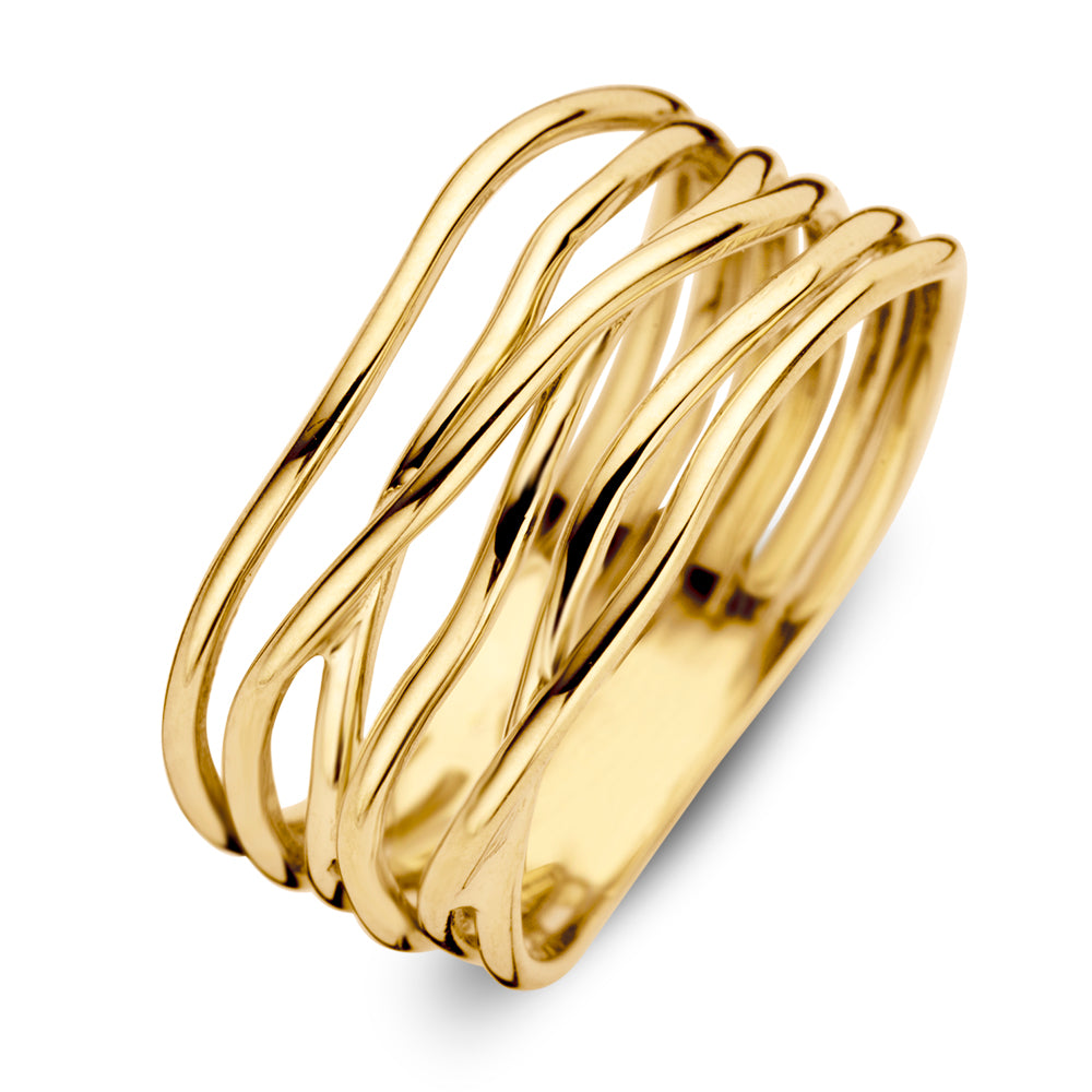 Anillo ancho de oro amarillo de 14 quilates con diseño entrelazado y elegante.