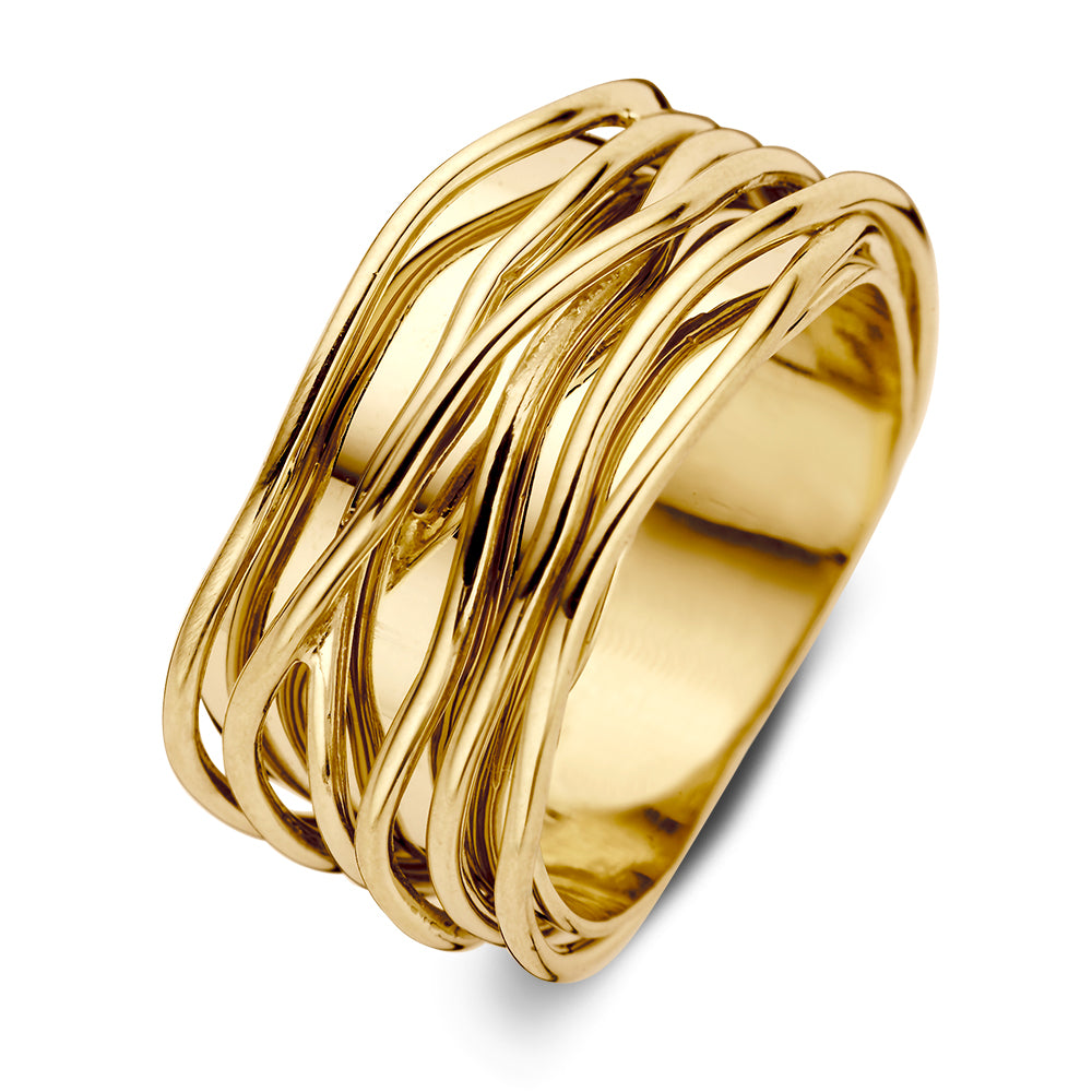 Anillo de dama en oro amarillo de 14 quilates, ancho, con bandas entrelazadas y diseño juguetón.