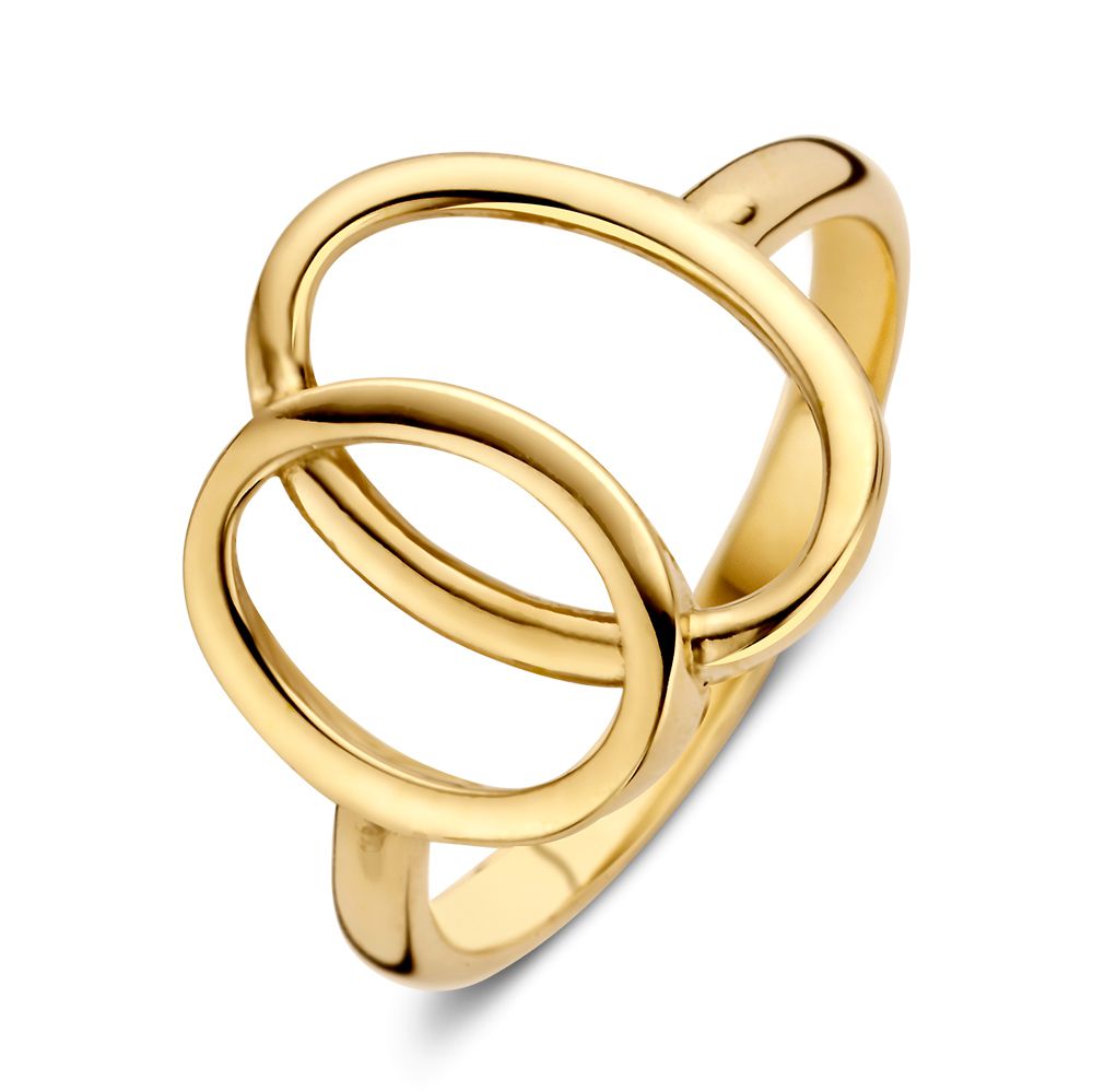 Anillo de dama en oro amarillo de 14 quilates con un diseño juguetón y formas entrelazadas.
