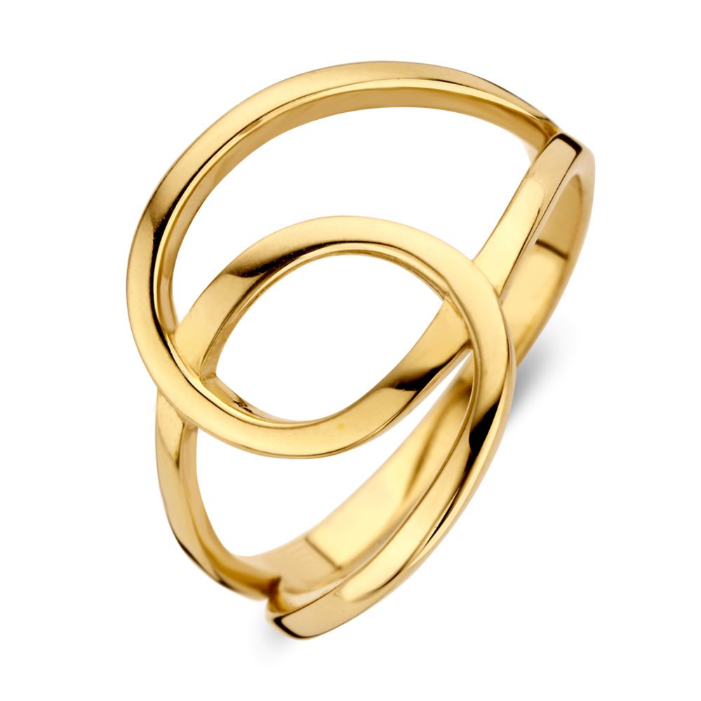Anillo de dama en oro amarillo de 14 quilates con diseño moderno y entrelazado.