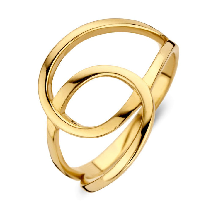 De Geelgouden Damesring van Excellent Jewelry is gemaakt van 14 karaat goud en heeft een strak design met twee in elkaar grijpende, open ovalen lussen en een glanzende afwerking.