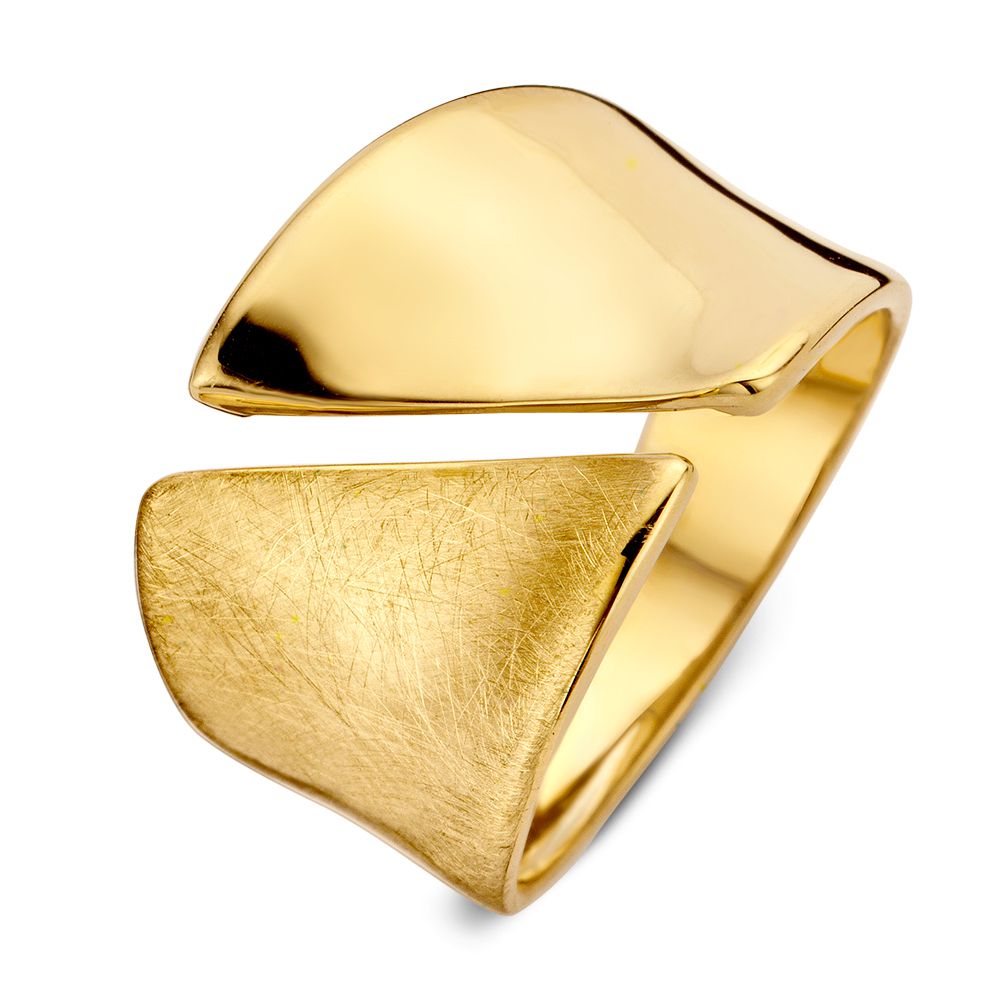 Anillo de diseño ancho en oro amarillo de 14 quilates con acabado mate y brillante.