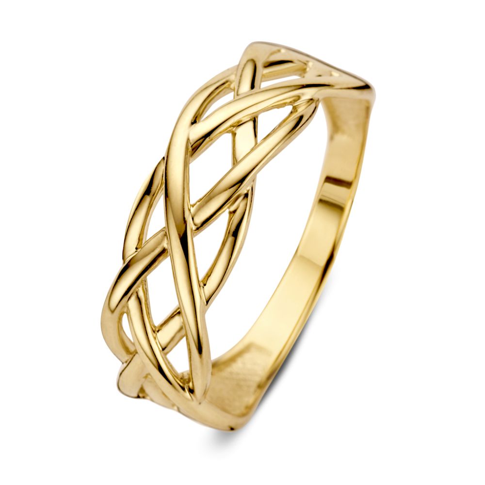 Anillo de dama en oro amarillo de 14 quilates con diseño entrelazado y acabado pulido.