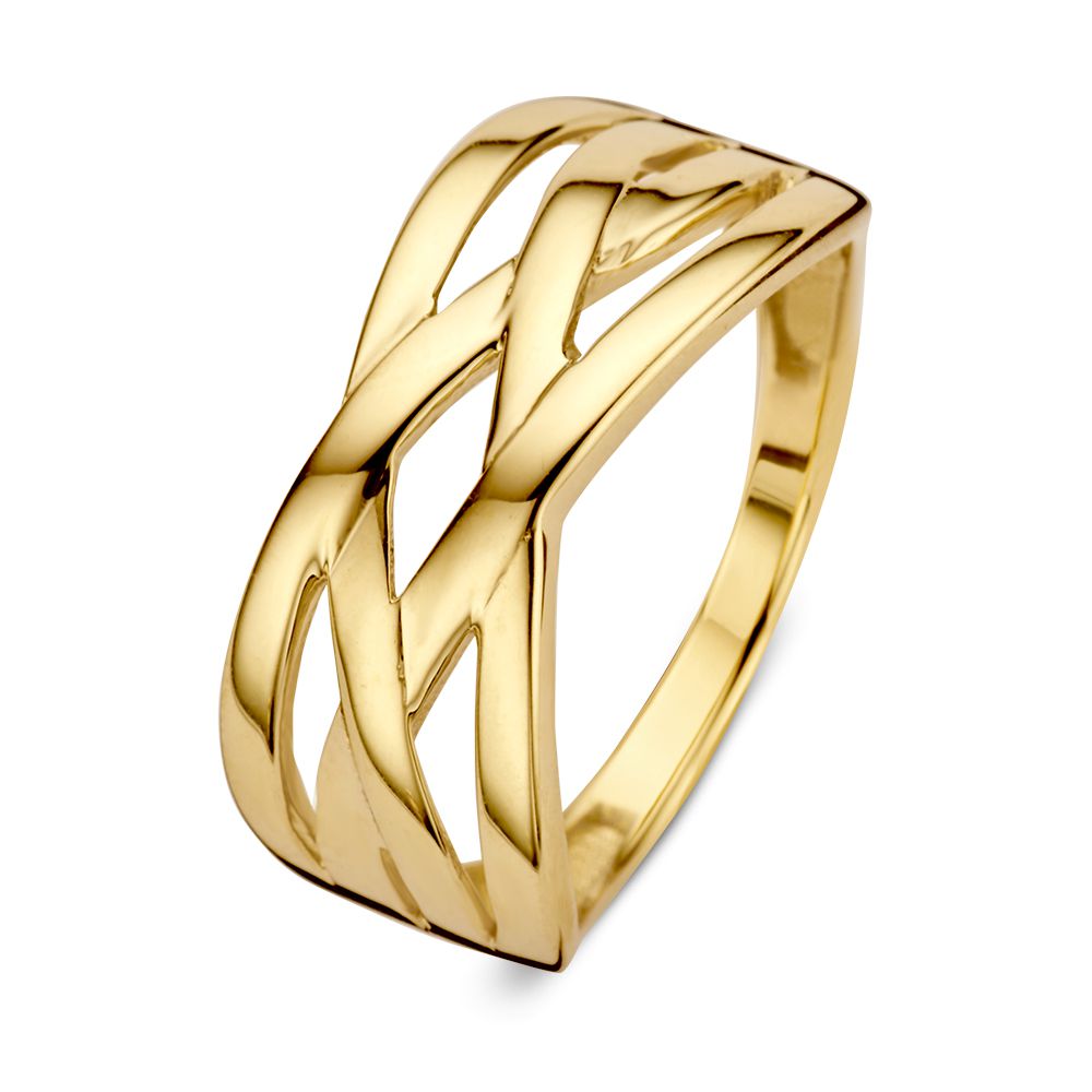 Anillo de dama en oro amarillo de 14 quilates con diseño entrelazado y acabado pulido.