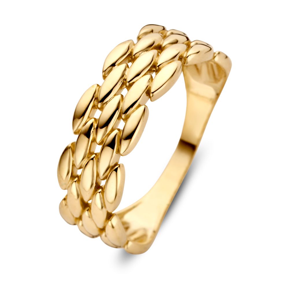 Anillo de eslabones en oro amarillo de 14 quilates, con un diseño elegante y atemporal.