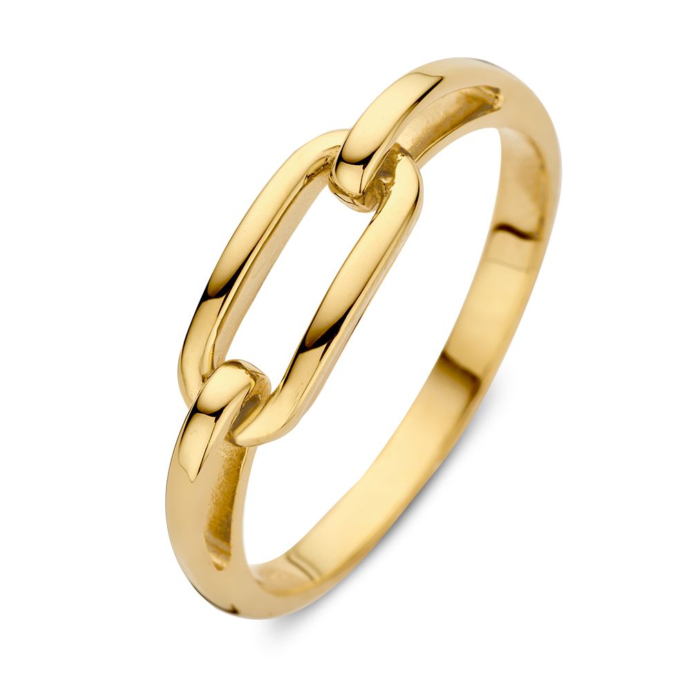 Anillo de oro amarillo con eslabones conectados, diseño elegante y atemporal.