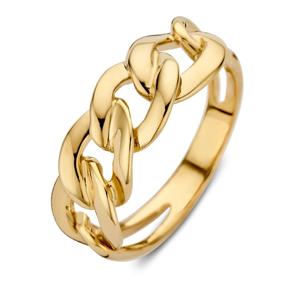 Anillo de oro amarillo con eslabones gourmet destacados, diseño atemporal.