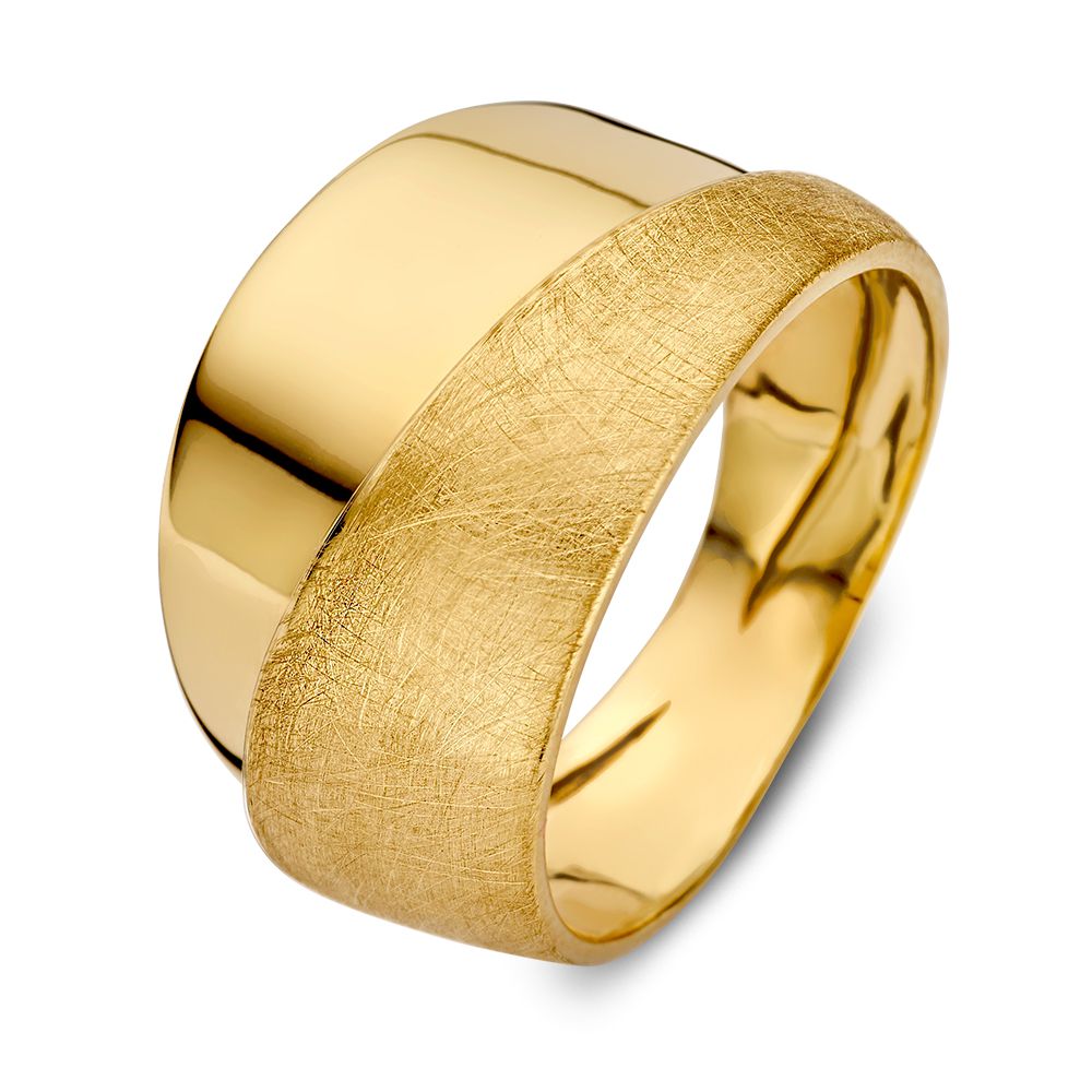 Anillo de oro amarillo de 14 quilates con bandas contrastantes y acabado pulido y mate.