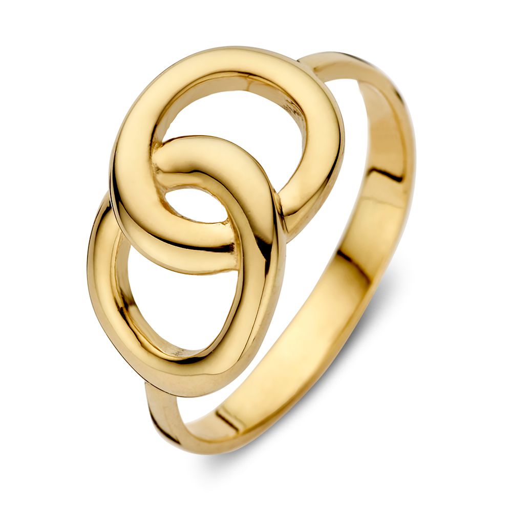 Anillo de oro amarillo de 14 quilates con eslabones entrelazados en un estilo minimalista elegante.