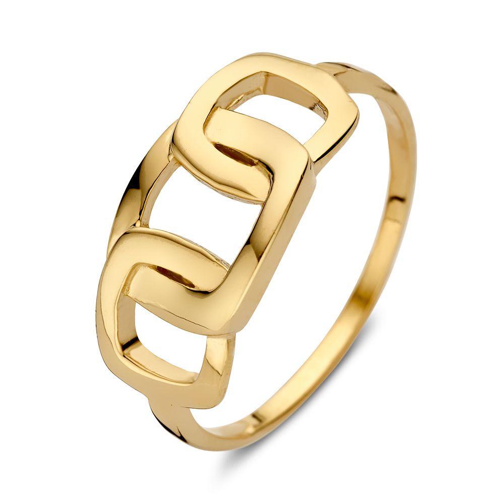 Anillo de oro amarillo de 14 quilates con diseño moderno y eslabones cuadrados.