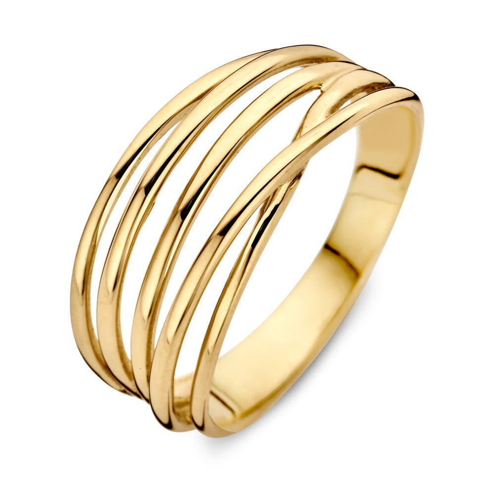 Anillo de oro amarillo con diseño de bandas superpuestas en 14 quilates.