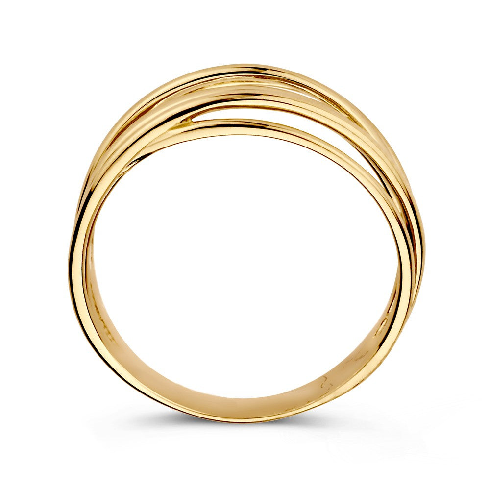 Anillo de mujer en oro amarillo juguetón con bandas en diseño superpuesto - 14 quilates