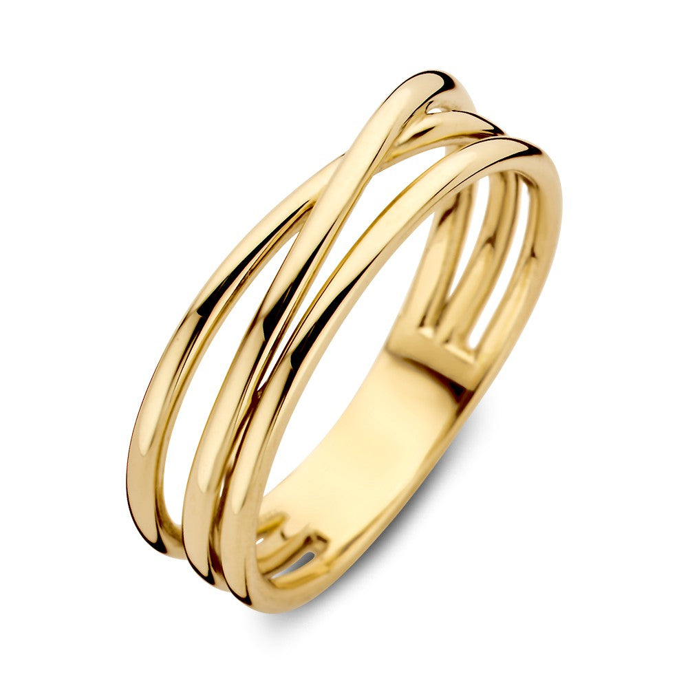 Anillo de dama en oro amarillo de 14 quilates, con tres bandas entrelazadas y un ancho de 5.6 mm.