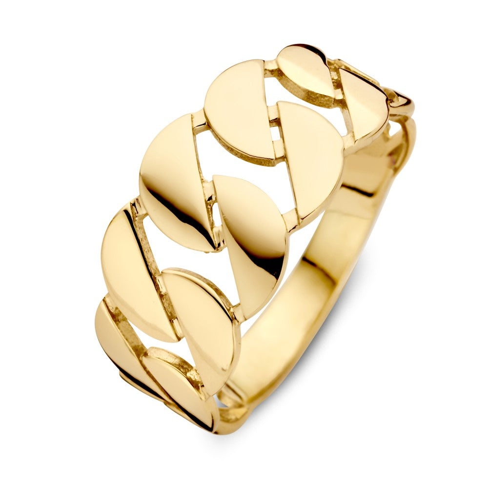 Anillo ancho de eslabones planos en oro amarillo de 14 quilates, 9.4 mm de ancho.