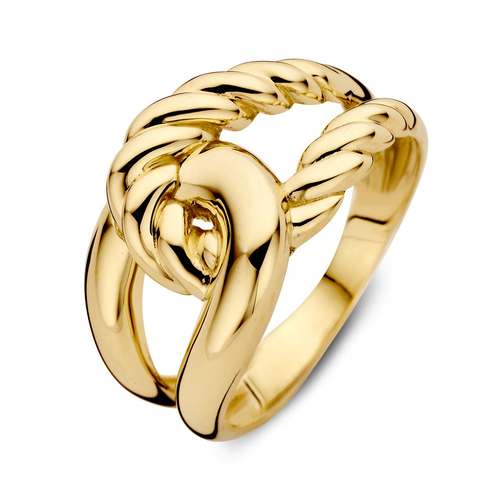 Anillo de oro amarillo con nudo trenzado, 14 quilates, 12 mm de ancho.