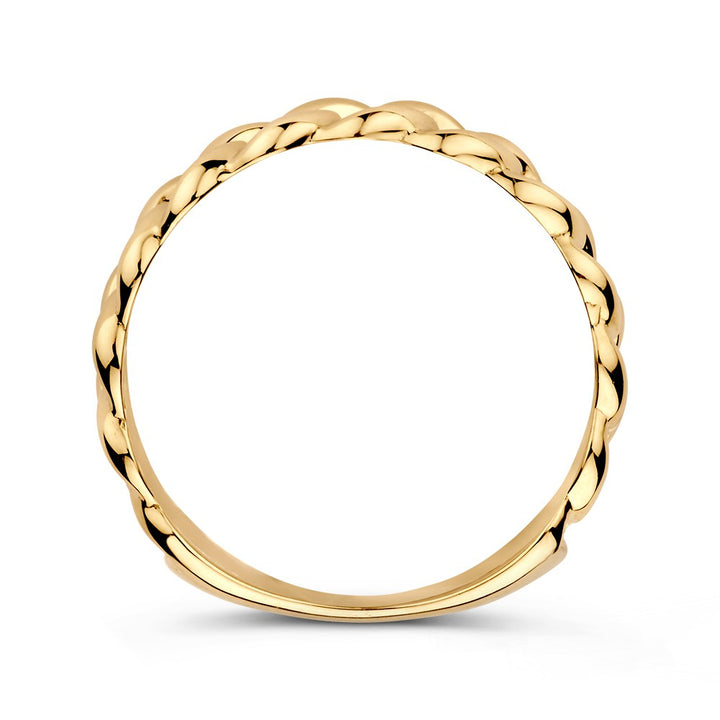 De Geelgouden Schakelring van Excellent Jewelry is gemaakt van 14kt goud, 5,3 mm breed en weegt 2,2 gram. Met twisted rope design is deze stijlvolle damesring perfect voor elke gelegenheid en wordt prachtig vastgelegd tegen een witte achtergrond.