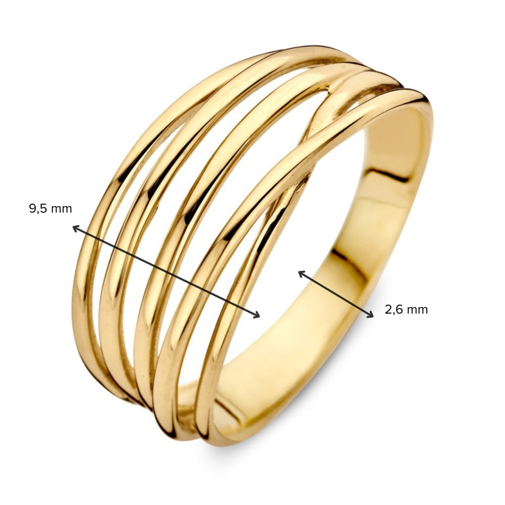Anillo de mujer en oro amarillo juguetón con bandas en diseño superpuesto - 14 quilates