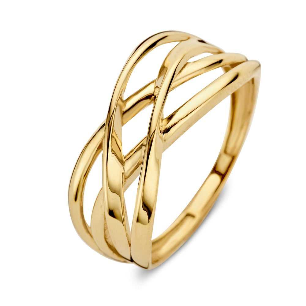 Anillo de oro amarillo con bandas cruzadas, 14 quilates, 9 mm de ancho.
