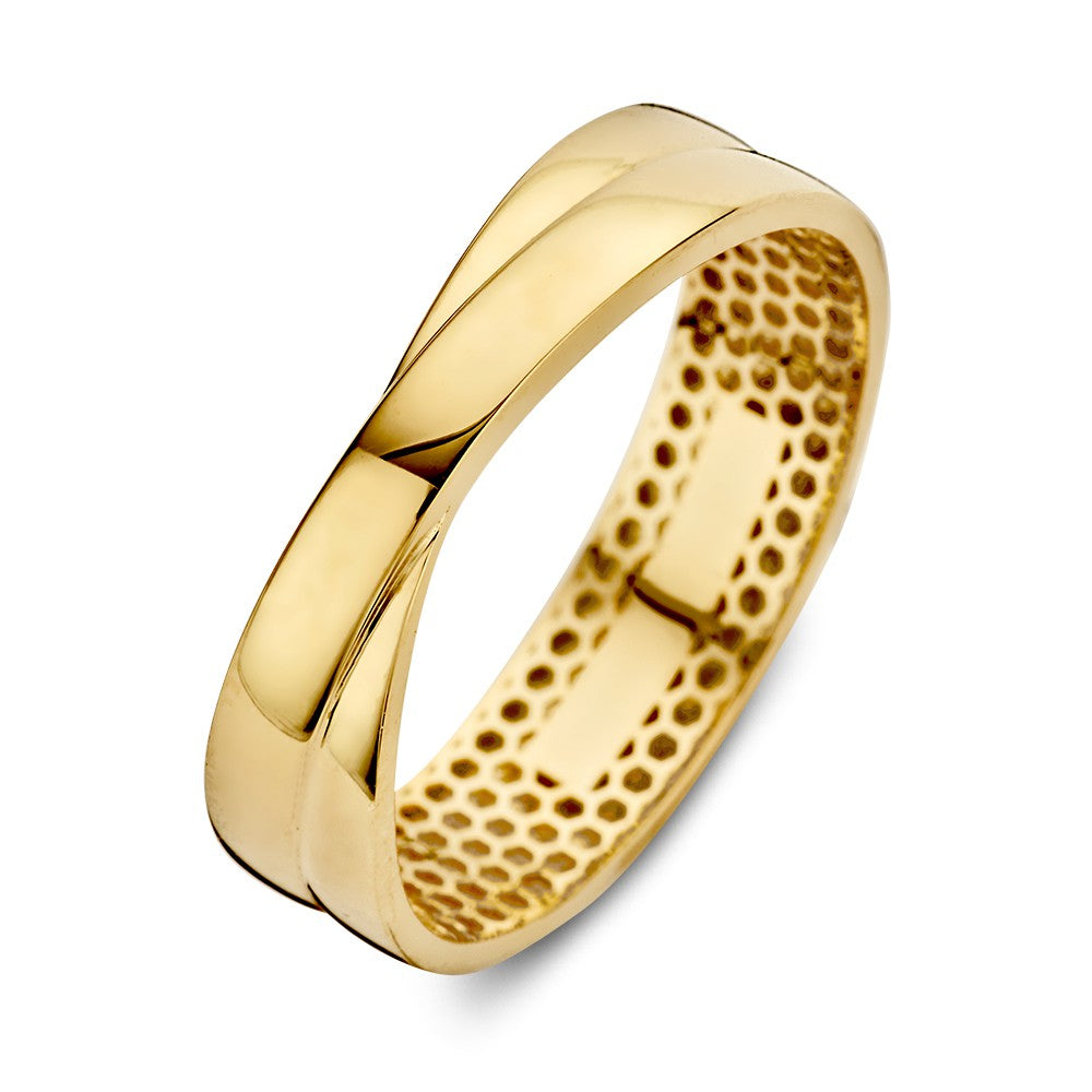 Anillo de oro amarillo con banda cruzada, 14 quilates, 5 mm de ancho.