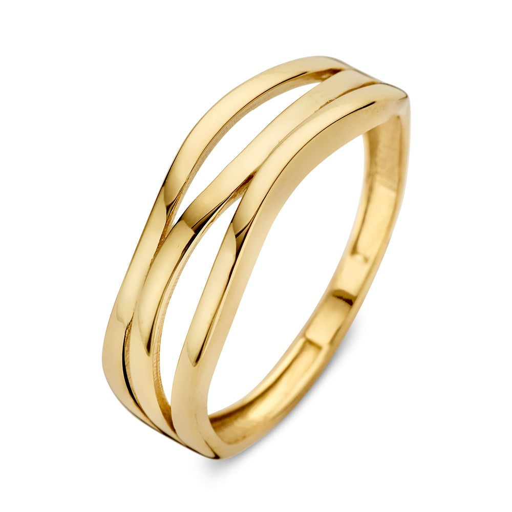 Anillo de cruce en oro amarillo de 14 quilates, 6 mm de ancho, con un diseño elegante y pulido.