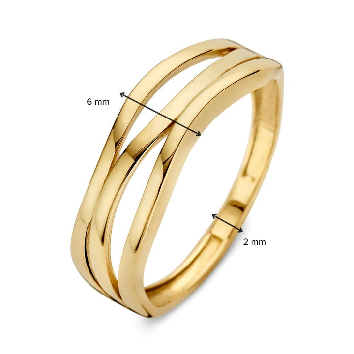 De Geelgouden Crossover Ring van Excellent Jewelry is gemaakt in 14kt goud, heeft een glanzende afwerking en een split kriskras ontwerp, met een breedte van 6 mm op het breedste punt. Gewicht: 2.1 gram.