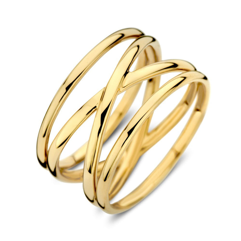 Anillo de oro amarillo con varias bandas doradas, diseño lujoso de 14 quilates para damas.
