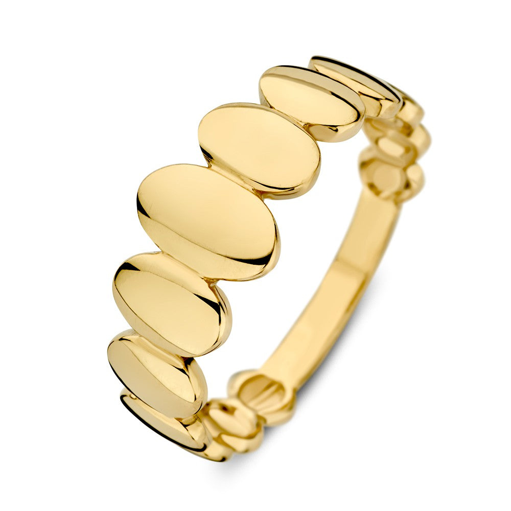 Anillo de oro amarillo con diseño especial de bolitas ovaladas en 14 quilates.