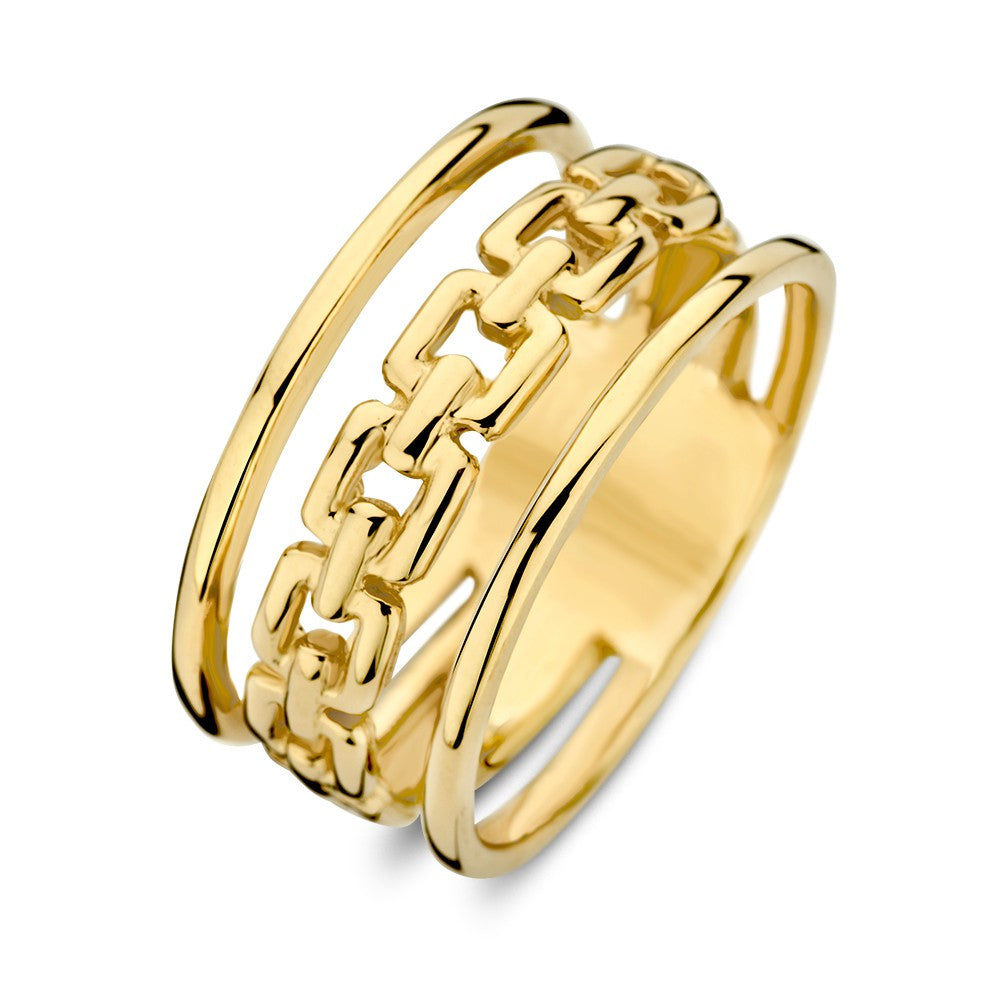 Anillo de oro amarillo con diseño de eslabones y bandas lisas.