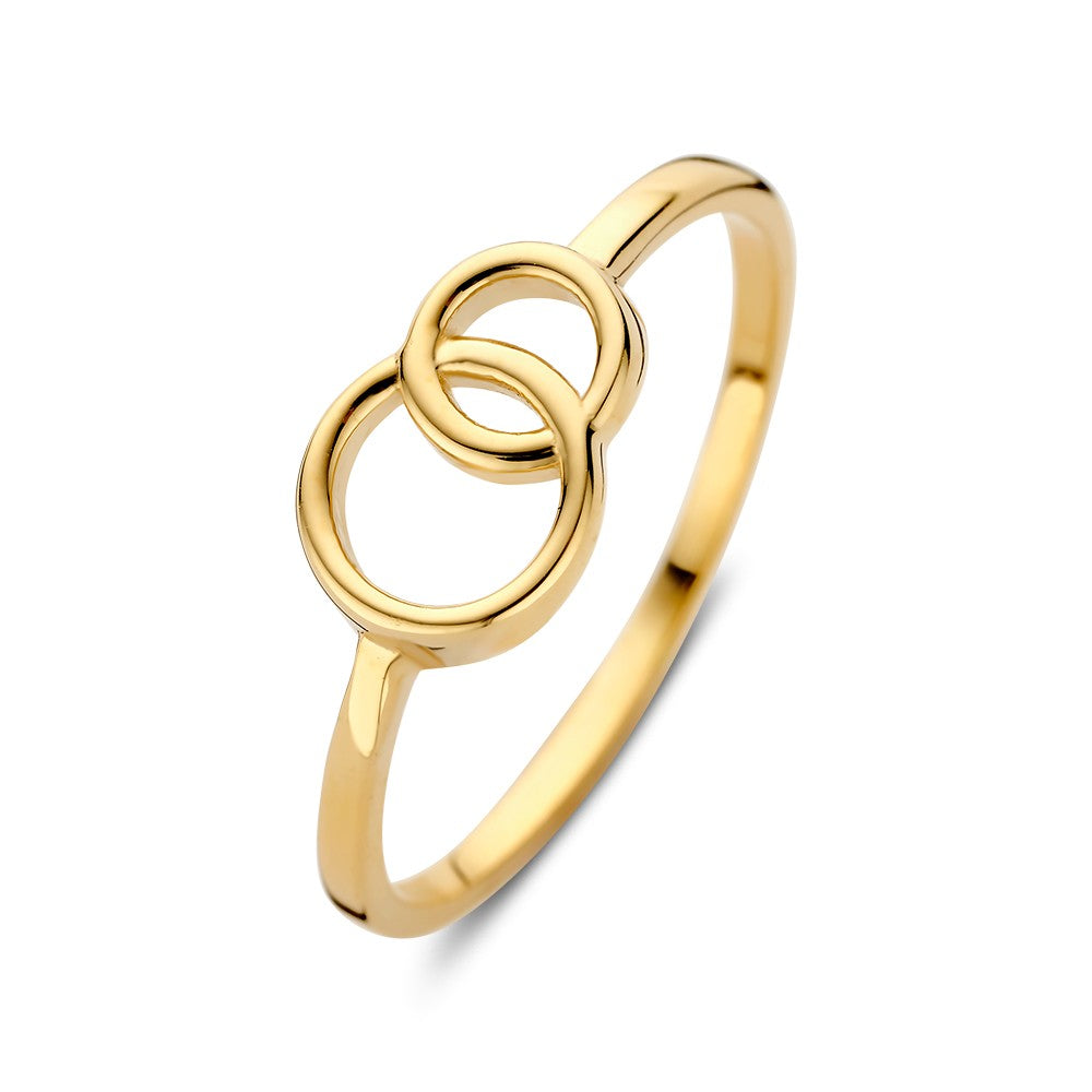 Anillo de oro amarillo con dos círculos entrelazados, 14 quilates, 7.2 mm de ancho.