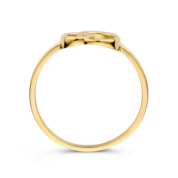 De Excellent Jewelry Geelgouden Ring met Twee Verbonden Cirkels is een 14kt gouden damesring (7,2 mm breed, 1,4 gram) met een minimalistisch open ontwerp, getoond van opzij tegen een witte achtergrond-stijlvol en tijdloos.