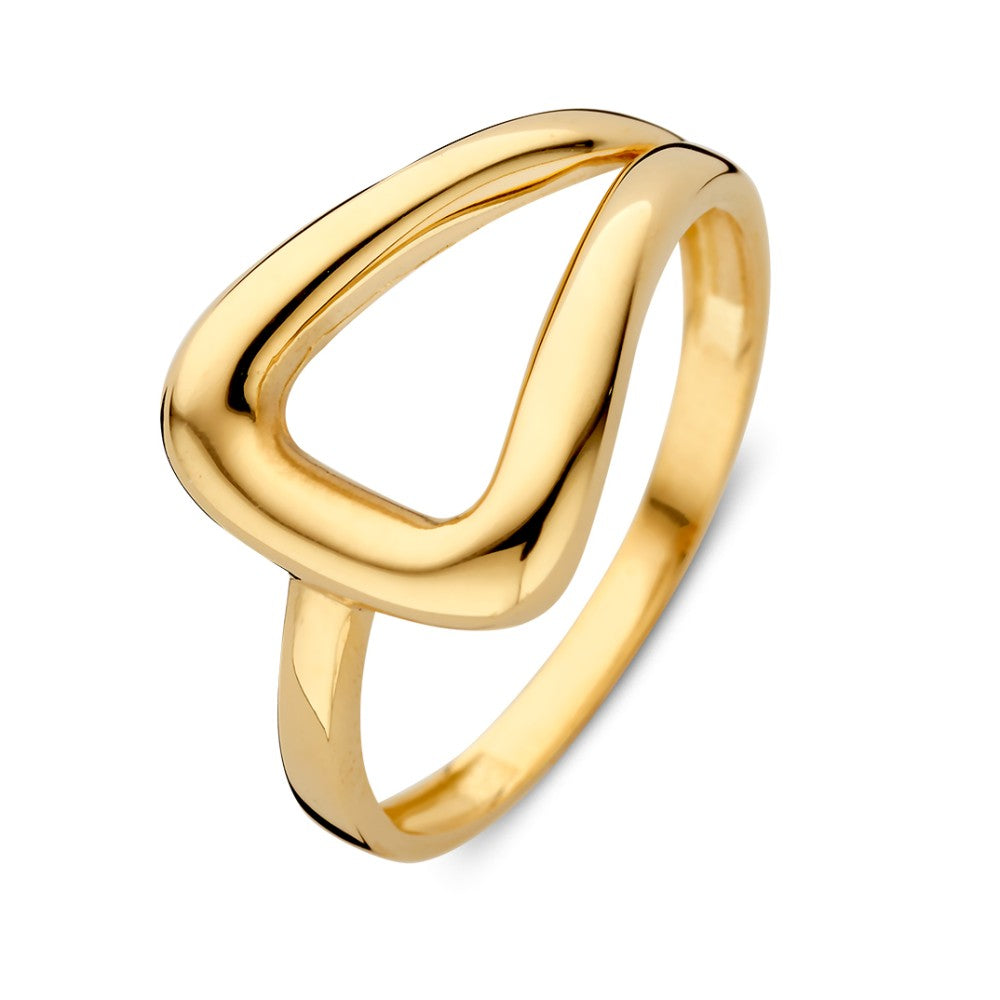 Anillo de oro amarillo con diseño asimétrico, 12 mm de ancho y 1.7 gramos.