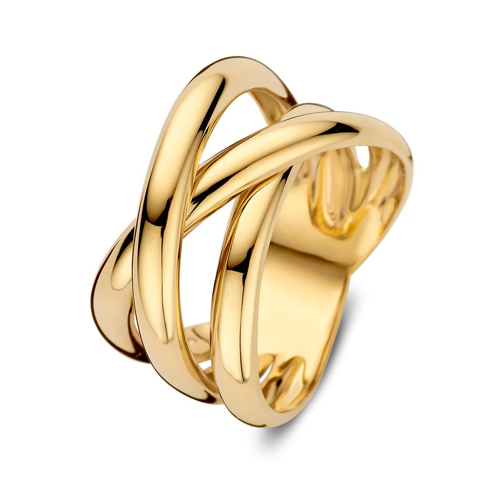 Anillo cruzado de oro amarillo de 14 quilates con un diseño grande y bandas lisas.