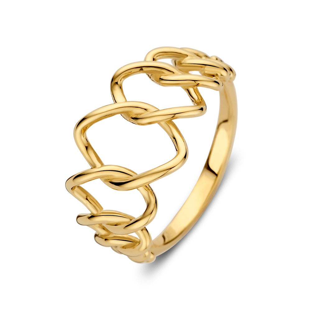 Anillo de oro amarillo con diseño abierto, 14 quilates, 12 mm de ancho.