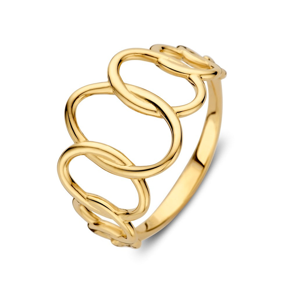 Anillo de oro amarillo con diseño abierto, 14 kt, 14 mm de ancho, 2.6 gramos.