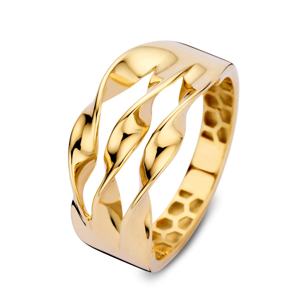 Anillo ancho de oro amarillo con tres bandas doradas en diseño elegante.