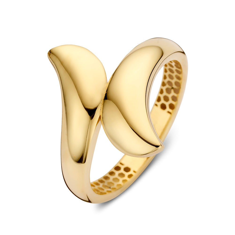 Anillo amarillo con diseño juguetón y elegante, con formas curvas y acabado pulido.
